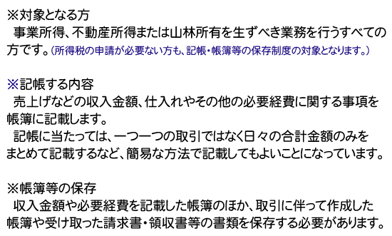 ※対象となる方
　事業所得、不動産所得または山林所有を生ずべき業務を行うすべての方です。（所得税の申請が必要ない方も、記帳・帳簿等の保存制度の対象となります。）
※記帳する内容　売上げなどの収入金額、仕入れやその他の必要経費に関する事項を
帳簿に記載します。
　記帳に当たっては、一つ一つの取引ではなく日々の合計金額のみを
まとめて記載するなど、簡易な方法で記載してもよいことになっています。※帳簿等の保存
　収入金額や必要経費を記載した帳簿のほか、取引に伴って作成した
帳簿や受け取った請求書・領収書等の書類を保存する必要があります。
